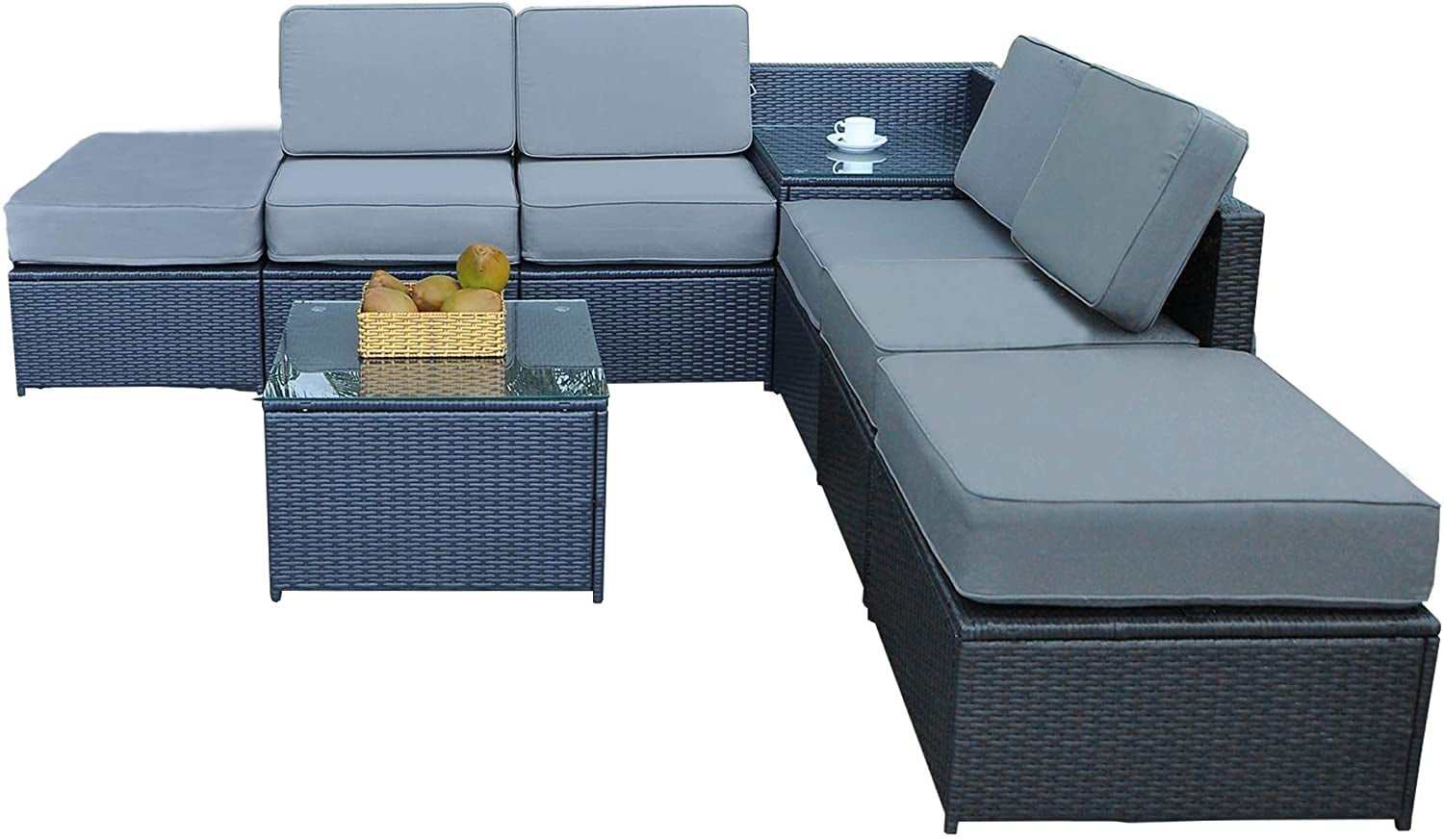 Blue MCombo Outdoor Patio Black Wicker Furniture Sectional Set All-Weather Resin Rattan Chair Conversation Sofas with Water Resistant Cushion Covers 6085-1008A6 