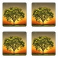 thumbnail image 1 of Landscape Coaster Set of 4, Sunset Scenery in a Valley with a Big Old Tree Artwork Photo, Square Hardboard Gloss Coasters, Standard Size, Fern Green Marigold, by Ambesonne, 1 of 2