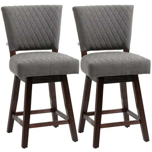 HOMCOM Swivel Bar Stools Set of 2 Counter Height Barstools with Back Rubber Wood Legs and Footrests for Kitchen Dining Room Pub Dark Grey