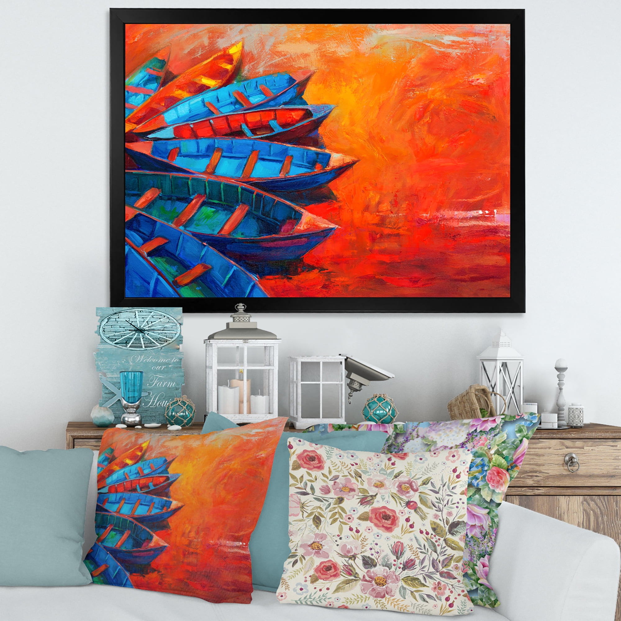 Boats During Warm Sunset Resting On The Water V 32 in x 24 in Framed Painting Canvas Art Print, by Designart