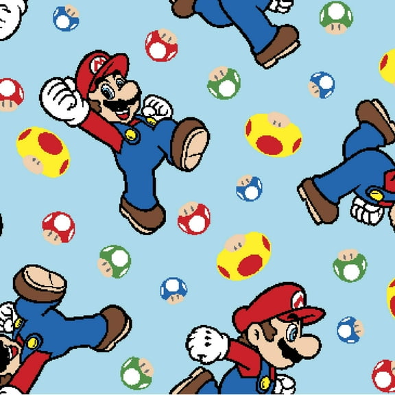 Nintendo Super Mario Mushroom Power-Up Pattern Light Blue Cotton Print Cotton Fabric