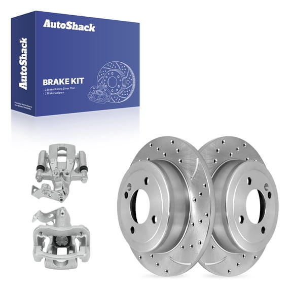 AutoShack Rear Solid Drilled & Slotted Silver Zinc Coated Brake Rotors   Calipers 4-PC Brake Kit Replacement for 2012-2017 Hyundai Accent 2013-2014 Dodge Attitude SilverShield Pro 10.31" (262 mm)