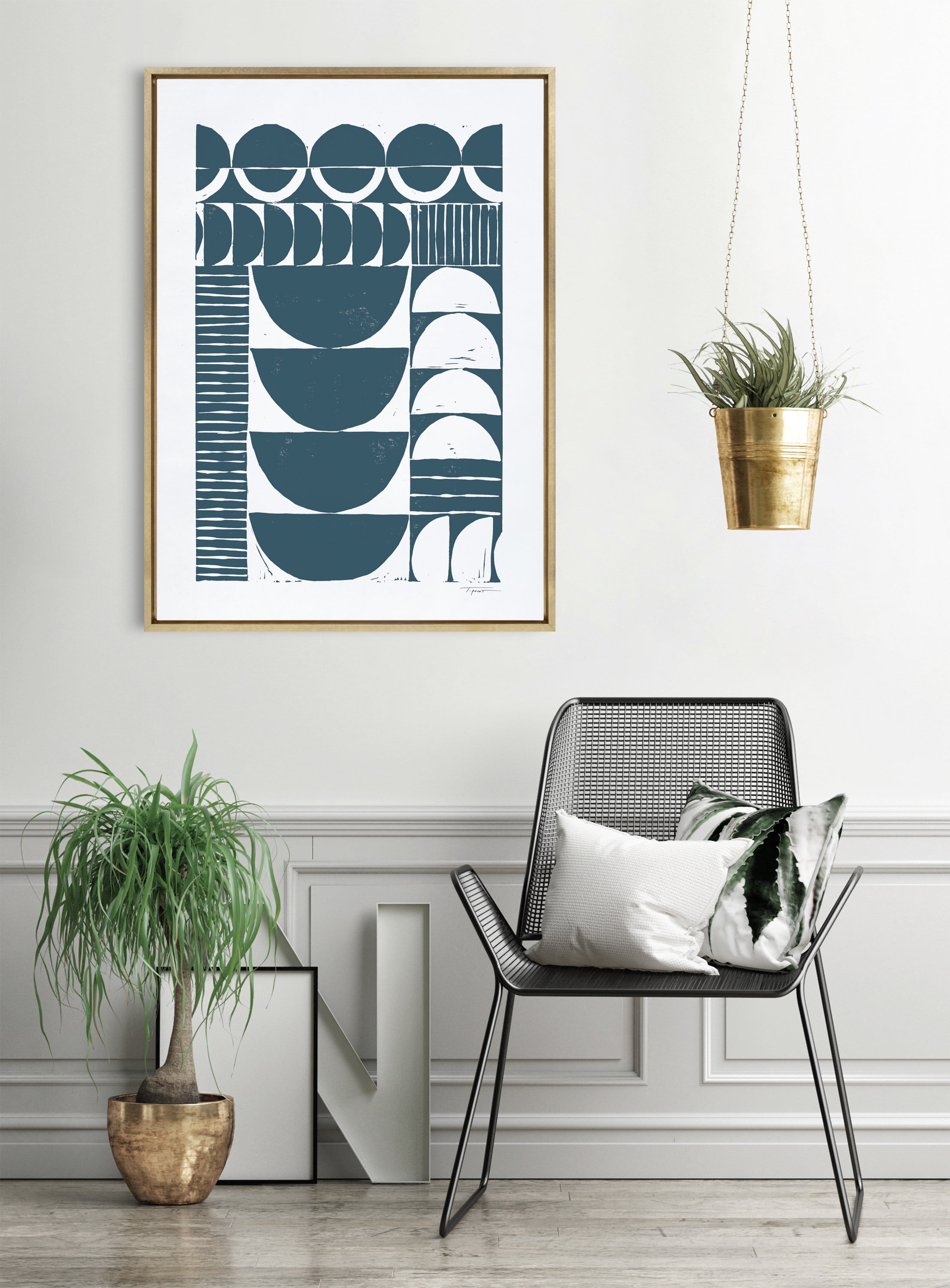Kate and Laurel Sylvie Modern Circular Pattern Block Print Teal Framed Canvas Wall Art by Statement Goods, 28"x38" Gold, Chic Abstract Art for Wall