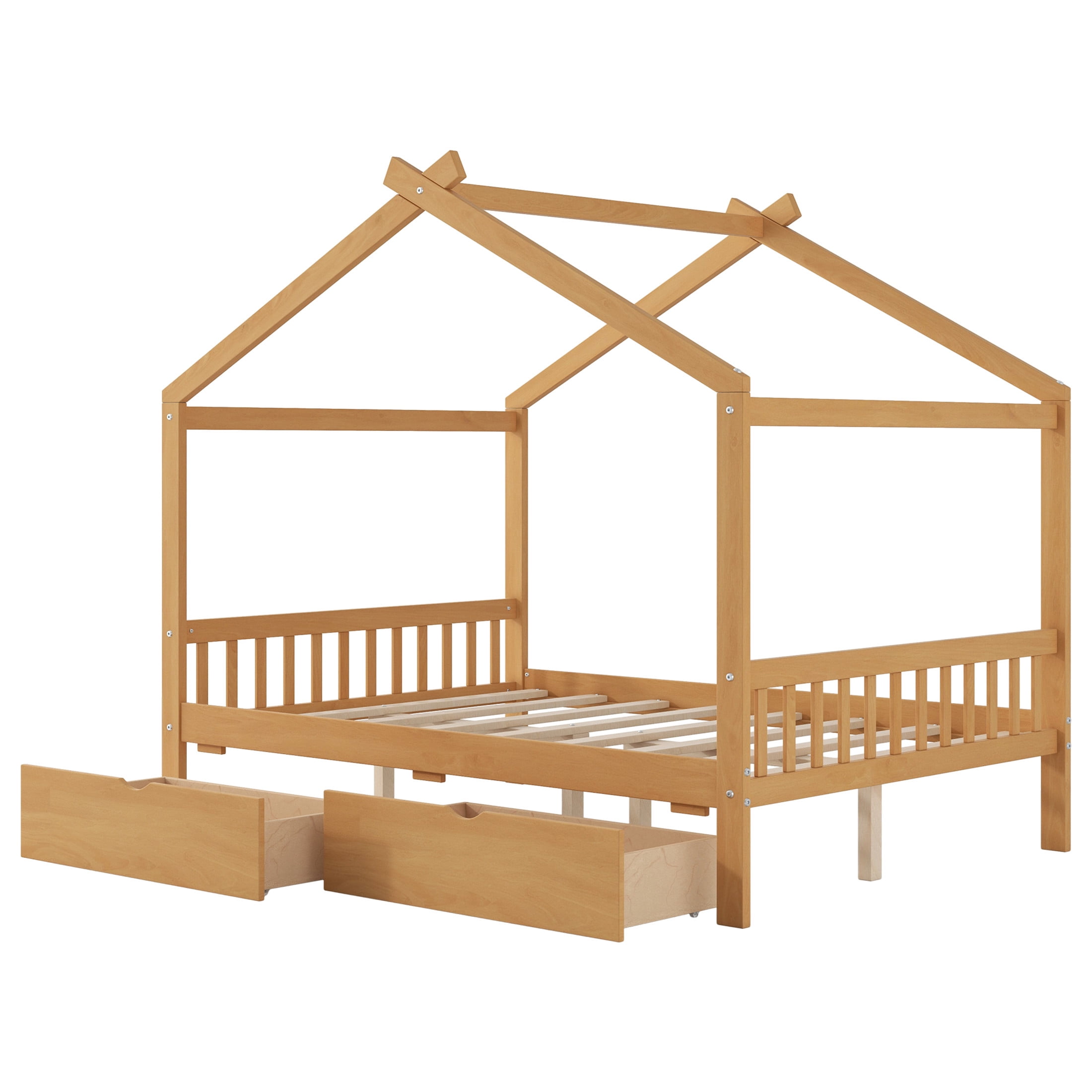 Noble House Clavell Full Size House Bed with 2 Storage Drawers, Headboard and Footboard, Playful Roof Design, Natural
