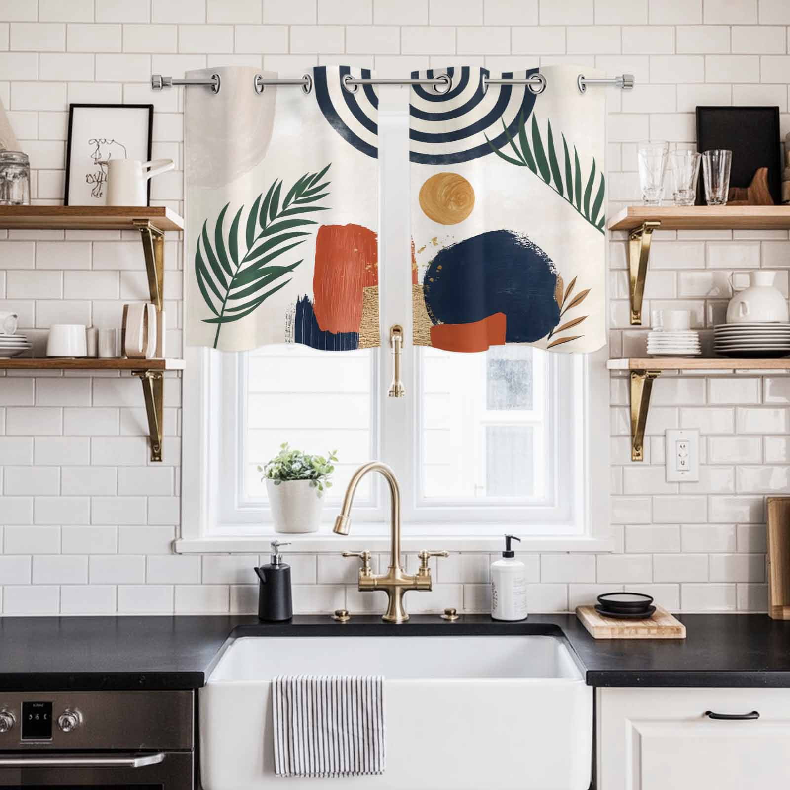 2 Panels Kitchen Tier Curtains 39 Inch Length, Boho Grommets Window Treatment Curtain, Middle Century Leaves Bohemia Minimalist Abstract Art Beige Thermal Curtains Drapes for Living Room/Bathroom