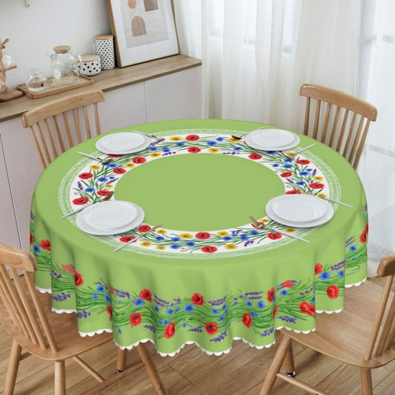 Wildflower Border Pattern On Green Round Tablecloth Waterproof Table Cloth Stain and Wrinkle Resistant Washable, Decorative Fabric Table Cover for Dining, Party and Camping