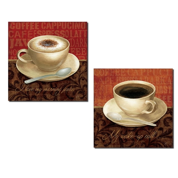Vintage-Style "I Love My Morning Java" and "My Wake Up Call..." Coffee Print Set by Daphne Brissonnet; Kitchen Decor; Two 12x12in Poster Prints. Brown/Orange/Red
