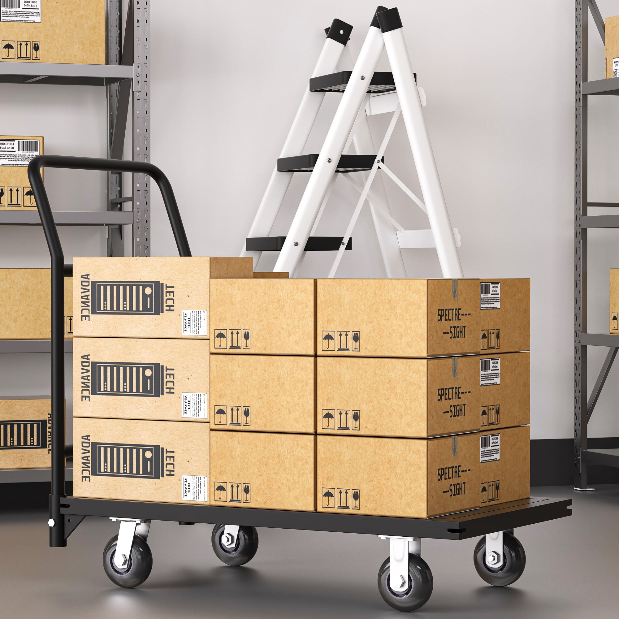 HOHYN Heavy-Duty Utility Push Carts, 2000 lbs Load Rating Steel Flatbed Cart, 47" Length x 24" Width x 32" Height Flat Dolly, Hand Trucks with 5" Nylon Casters, Platform Truck for Luggage Moving