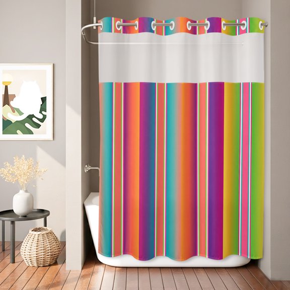 Abstract Shower Curtain, Colorful Mexican Stripe Orange Purple Farmhouse Waterproof No Hooks Bath Shower Curtain with See Through Top Window for Bathroom Bathtub 72x84in