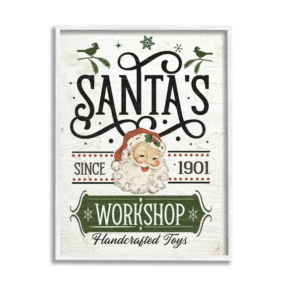 Santa's Workshop Toys Vintage Signage Holiday Graphic Art White Framed Art Print Wall Art