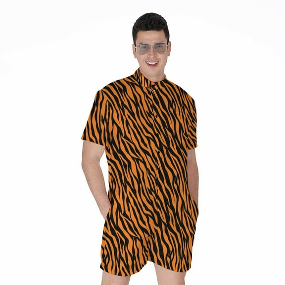 Orange And Black Tiger Stripe Short Sleeve Men'S Rompers, Tiger Wide Animal Casual Summer Jumpsuits Outfit