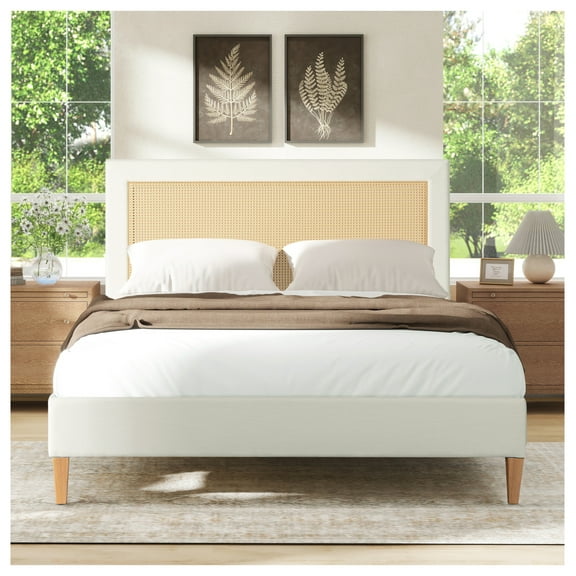 Haley Upholstered Cane-Back Platform Bed, Queen, Antique White, Box Spring Not Required