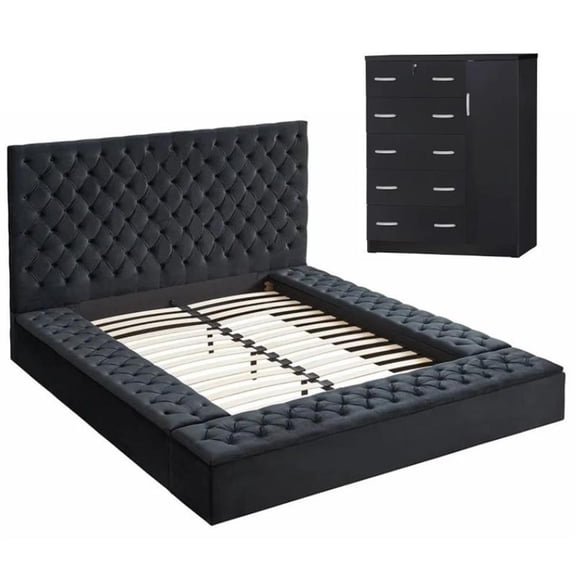 Home Square 2-Piece Set with Queen Bed & Tall Chest Wardrobe in Black