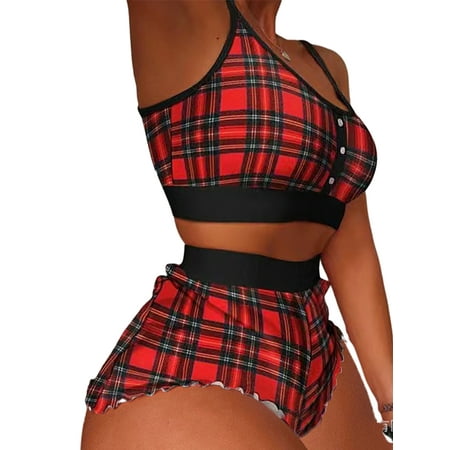 

Glonme Women Nightwear 2 Pieces Outfits Lounge Set Cami Top And Shorts Sleepwear Sleep Buttons Decor Pajamas Sets Casual Scoop Neck Red Plaid L
