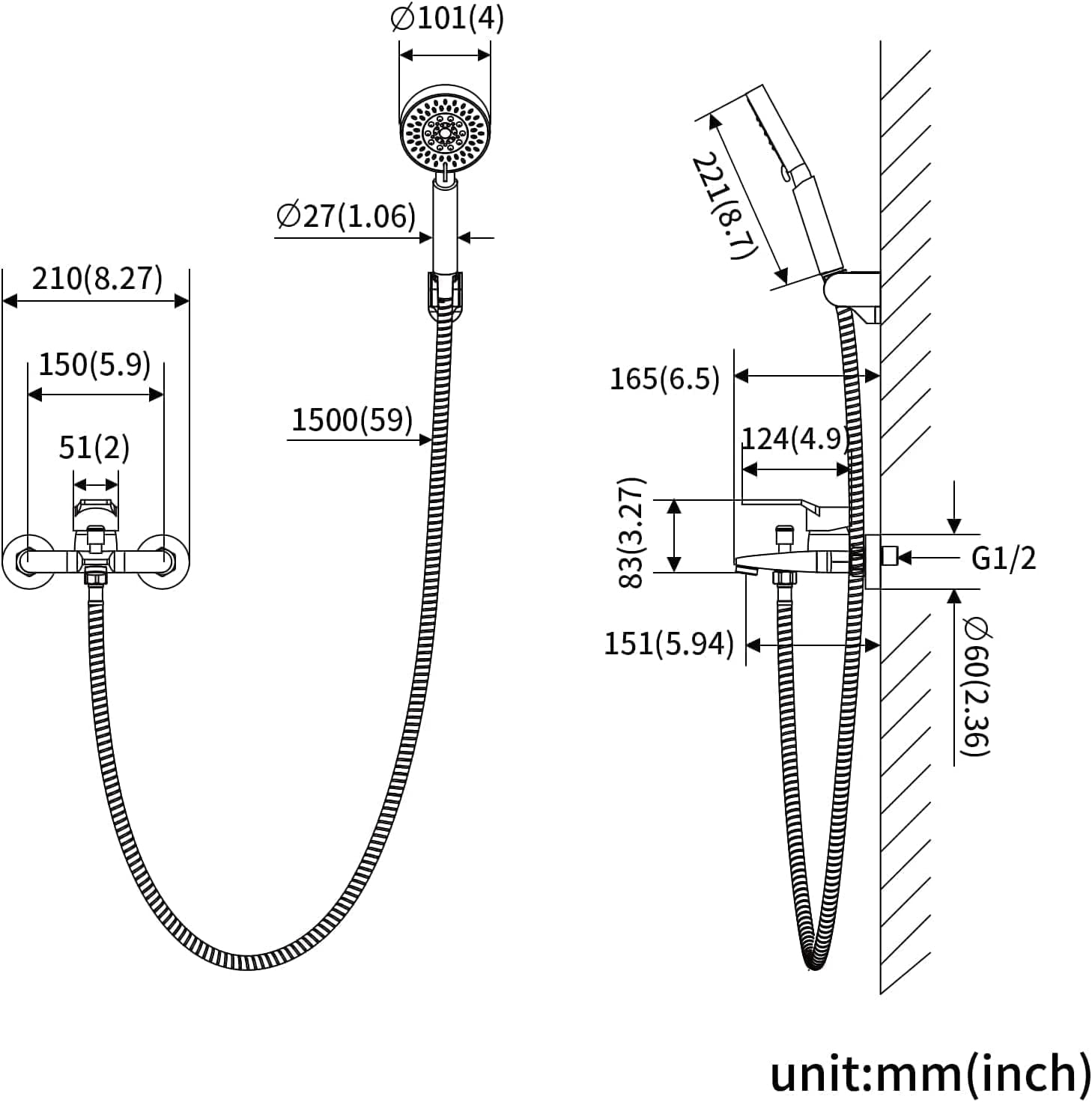 Bathtub Faucet With Hand Shower Chrome, Waterfall Shower Mixer With Bracket And Hose 150Cm Wall Mounted Bath Faucet For Bathroom