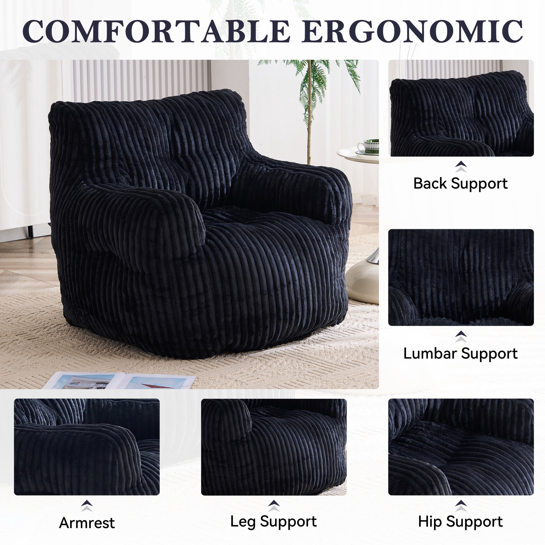 Noble House Solley 39" Fluffy Corduroy Bean Bag Chair, Memory Sponge Floor Lounger Accent Seat for Living Room, Black