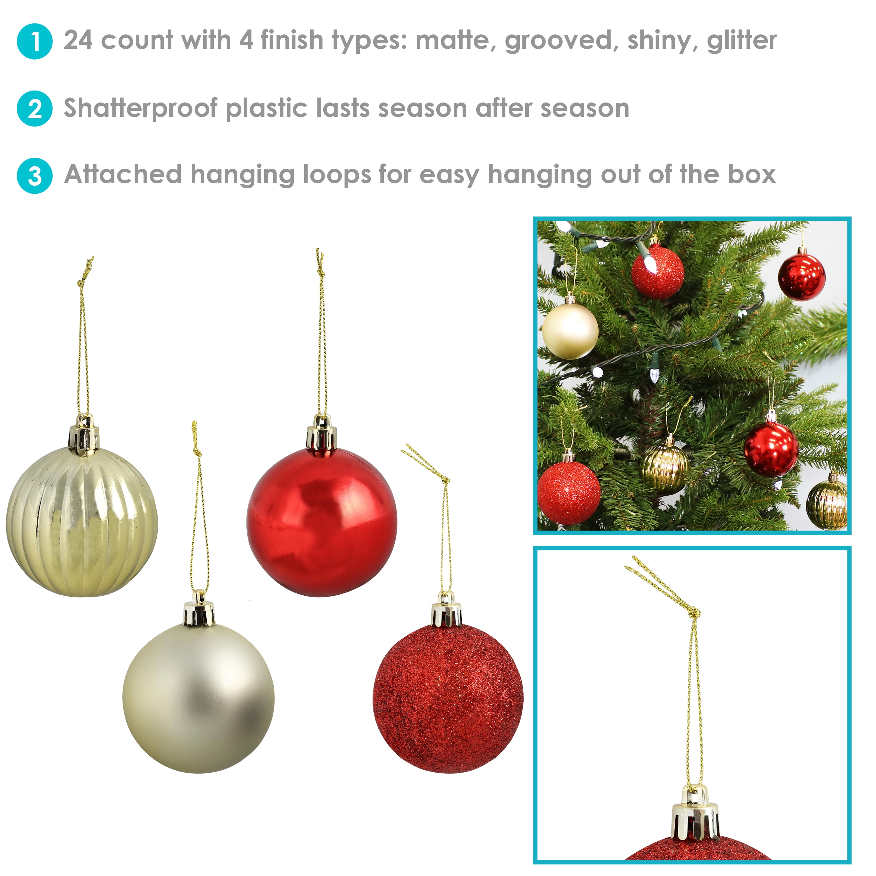 2.36-Inch Sunnydaze 24-Count 60mm Merry Medley Tree Decorations Set for Holiday Decor and Gatherings Shatterproof Christmas Ball Ornaments with Hooks Included Red/Gold
