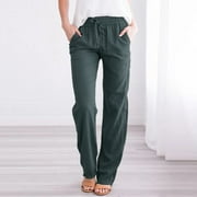 WIYUQEEN Baggy Straight Wide Leg Pants for Women with Pockets Ladies Cotton Linen Slacks Casual Solid Color Drawstring Elastic Waist Daily Trousers
