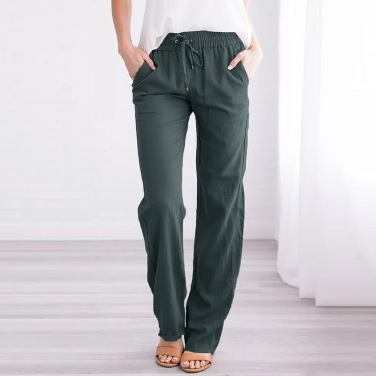 Huaai Solid Straight Linen Pants Waist And Long Women Casual