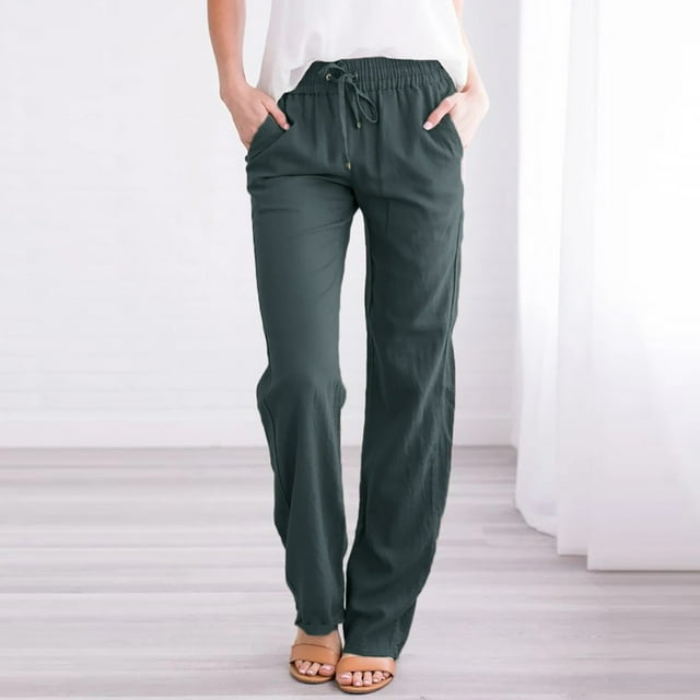 CFLVAEK Tummy Control Pants for Women Elastic High Rise Drawstring Pant Lightweight Straight Wide Leg Trousers Casual Tall Length Cotton Linen Slack Pant Dark Gray XL