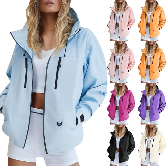 Light Jackets for Women Fashion Casual Women's Solid Color Blouses Long Sleeve Zipper Pocket Hooded Casual Fashionable Top Black S