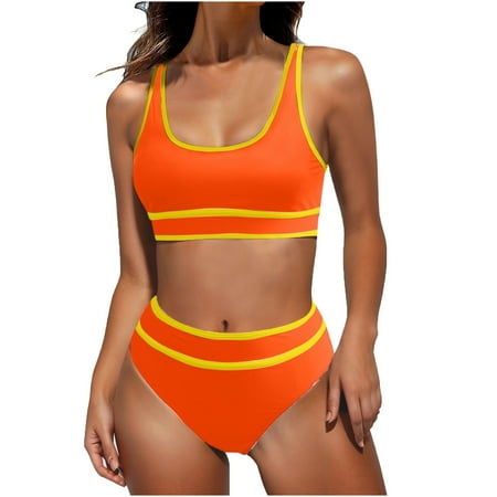 YanHoo Swimsuits for Teen Girls Bathing Suit for Women High Waisted Bikini Sets Tummy Control Workout Two Piece Swimsuits Color Block Cheeky High Cut Bathing Suits