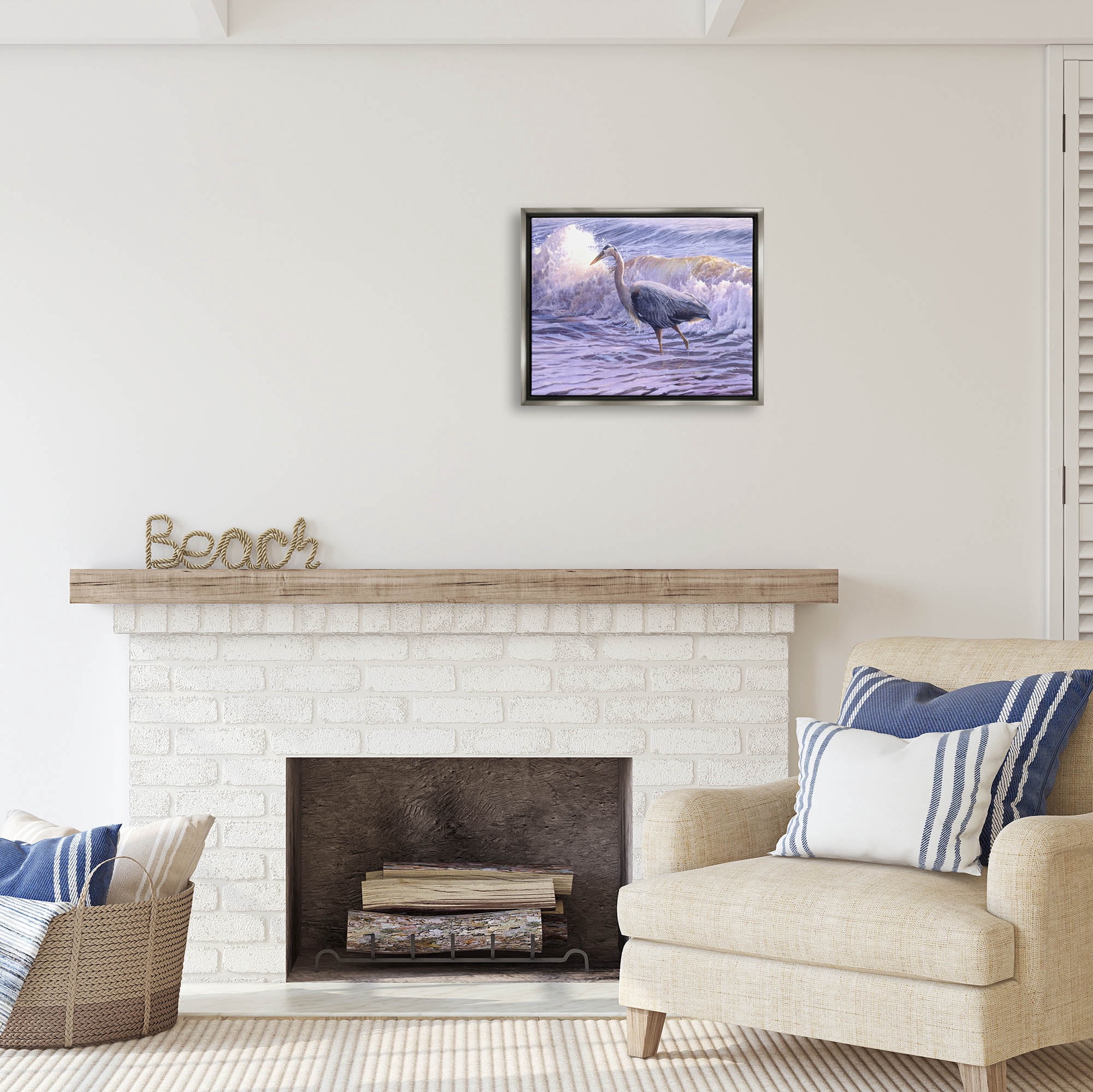 Stupell Industries Crane Bird Splashing Ocean Waves Coastal Photography Gray Floater Framed Art Print Wall Art