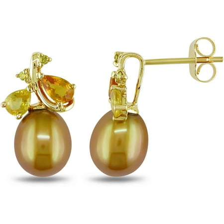 8-8.5mm Golden Rice Cultured Freshwater Pearl and 5/8 Carat T.G.W. Yellow Sapphire and Diamond-Accent 10kt Yellow Gold Dangle Earrings