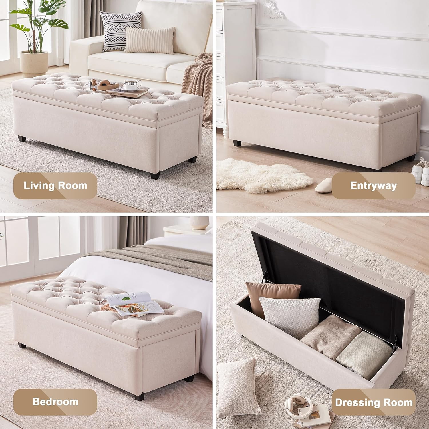 Mangodan 50" Storage Ottoman Bench, Tufted Ottoman With Storage Bench for Living Room, Large End of Bed Bench Ottomans, Modern Entryway Benches, Window & Bedroom Benches for Foot of Bed, Beige