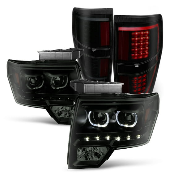 AKKON - For 2009-2014 Ford F150 Dual LED Projector Black Smoke Headlight   C-Shape LED Strip Tail Lamp