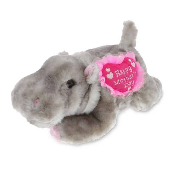 DolliBu Happy Mother's Day Wild Collection Plush Hippo Figure - Cute Stuffed Animal with Pink Heart Message for Best Mommy, Grandma, Wife, Daughter - Cute Wild Life Hippo Plush Toy Gift - 11" Inches