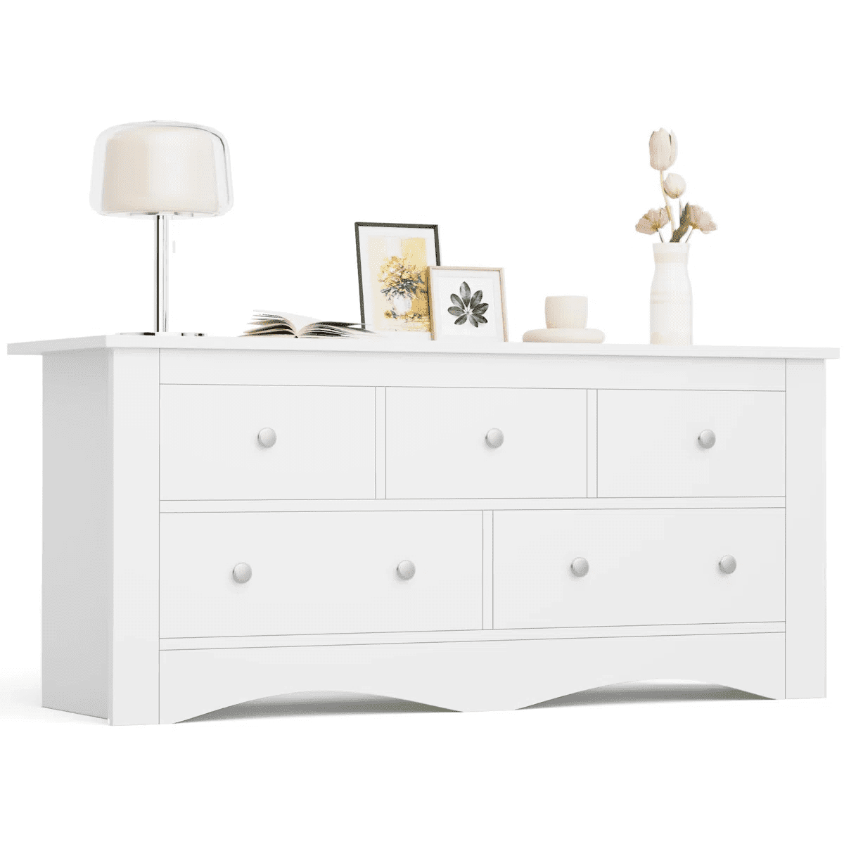 Homall 5 Drawer Double Dresser, Modern Wood Chest of Drawer for Living Room Bedroom,White