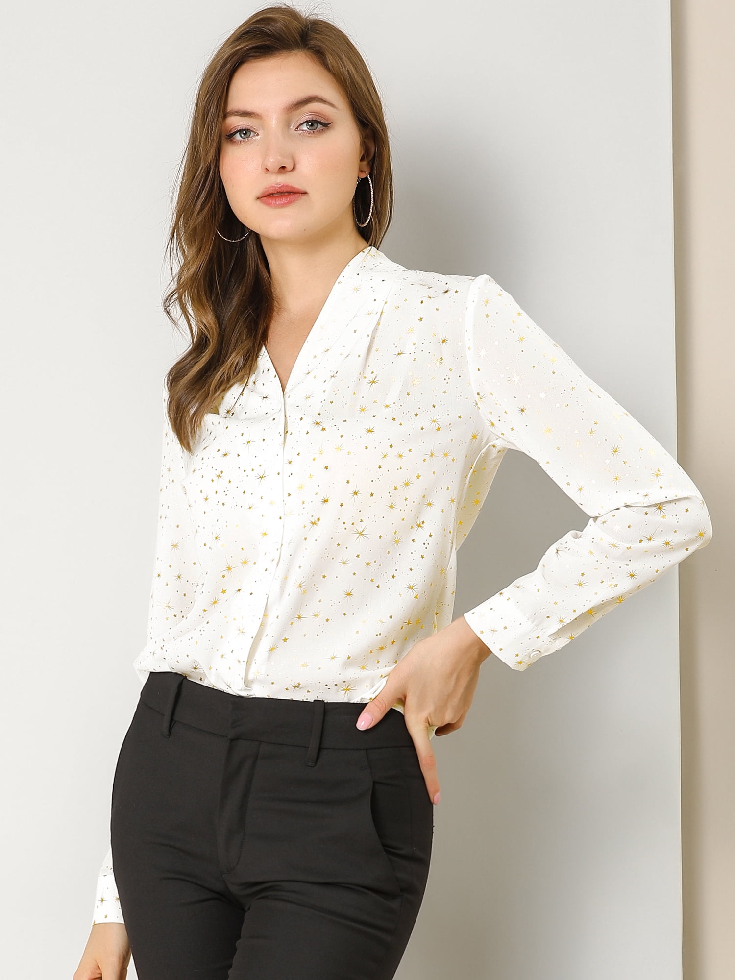 DARING DIVA Stand Collar Metallic Dots Stars Blouse Top S White