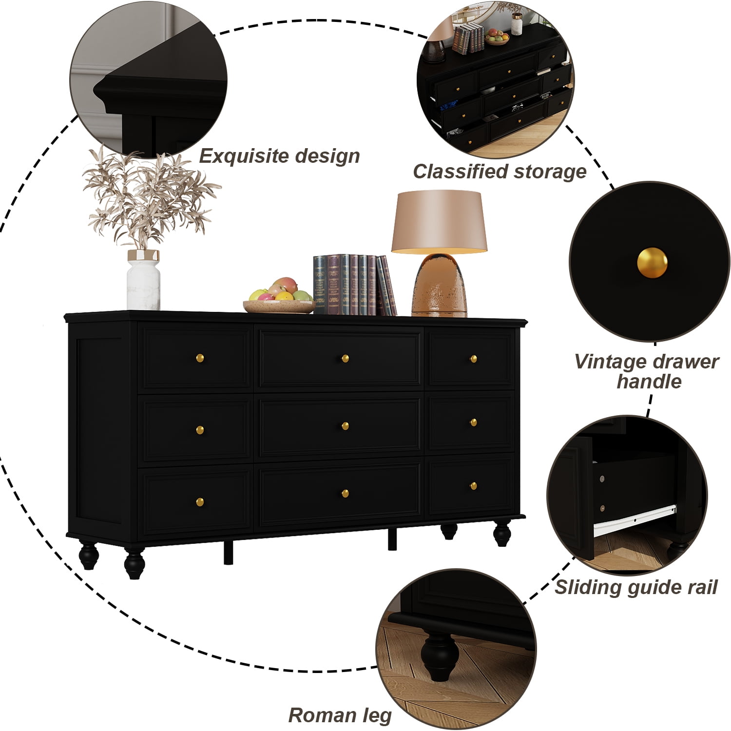 KULAGAGA 9 Drawer Dresser for Bedroom, 63" Wide Dresser Organizer Chest of Drawers for Nursery Black
