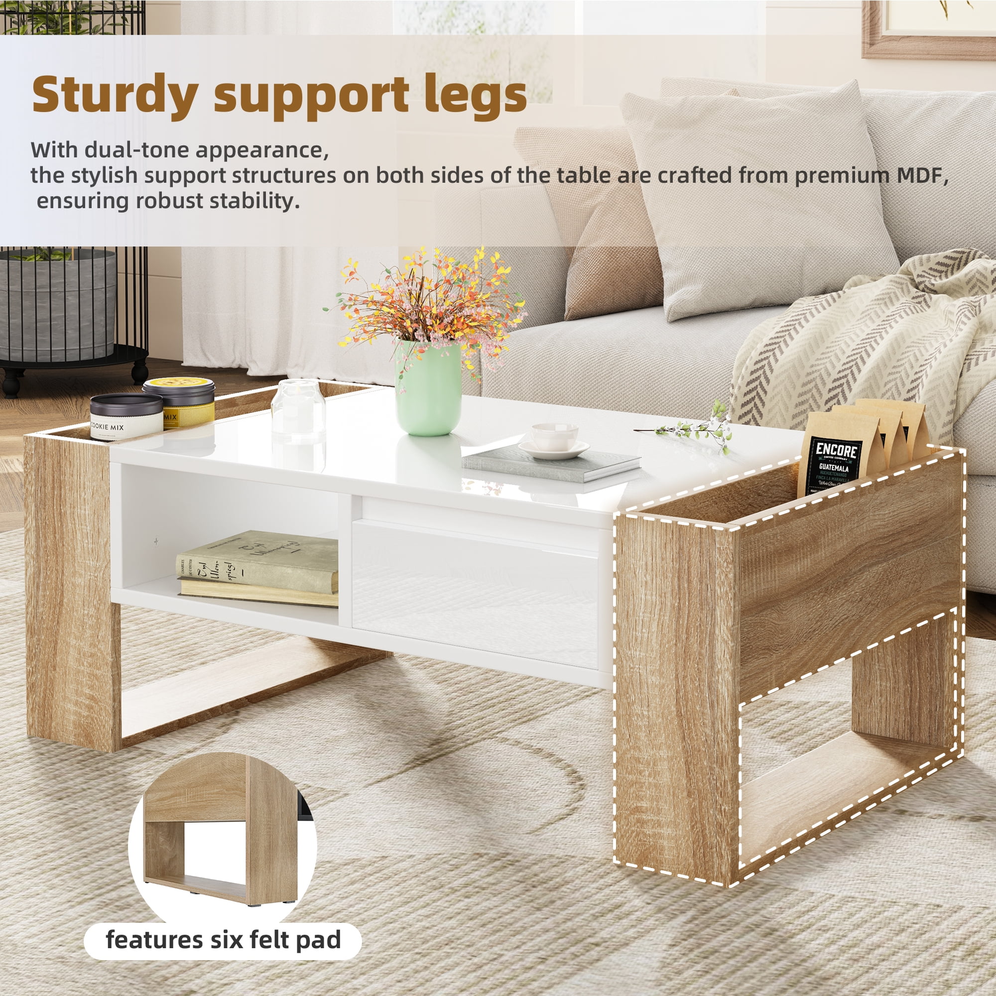 MAYEERTY High Glossy Coffee Table with 2 Drawers & Open Storage Shelf, Two-Tone Rectangle Center Table with Hidden Compartments, Modern Cocktail Table for Living Room, Bedroom, White, 41.3 x 23.6"