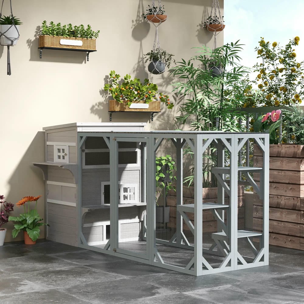 GVN Cat Catio Enclosure, Cat Cage House,Outdoor Cat House, 3-Tier Kitty Shelter with 5 Escape Doors, Gray & White
