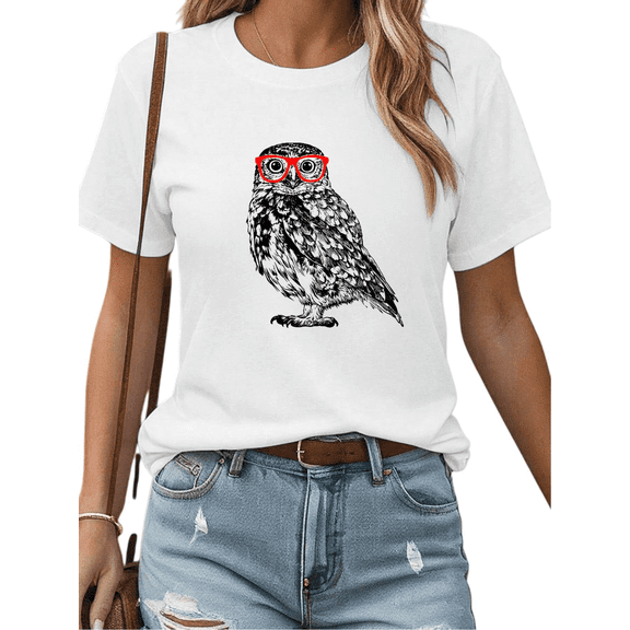 Women's Nerd Owl With Glasses Graphic Breathable T Shirt Casual Short Sleeve Round Neck Top White S-5XL