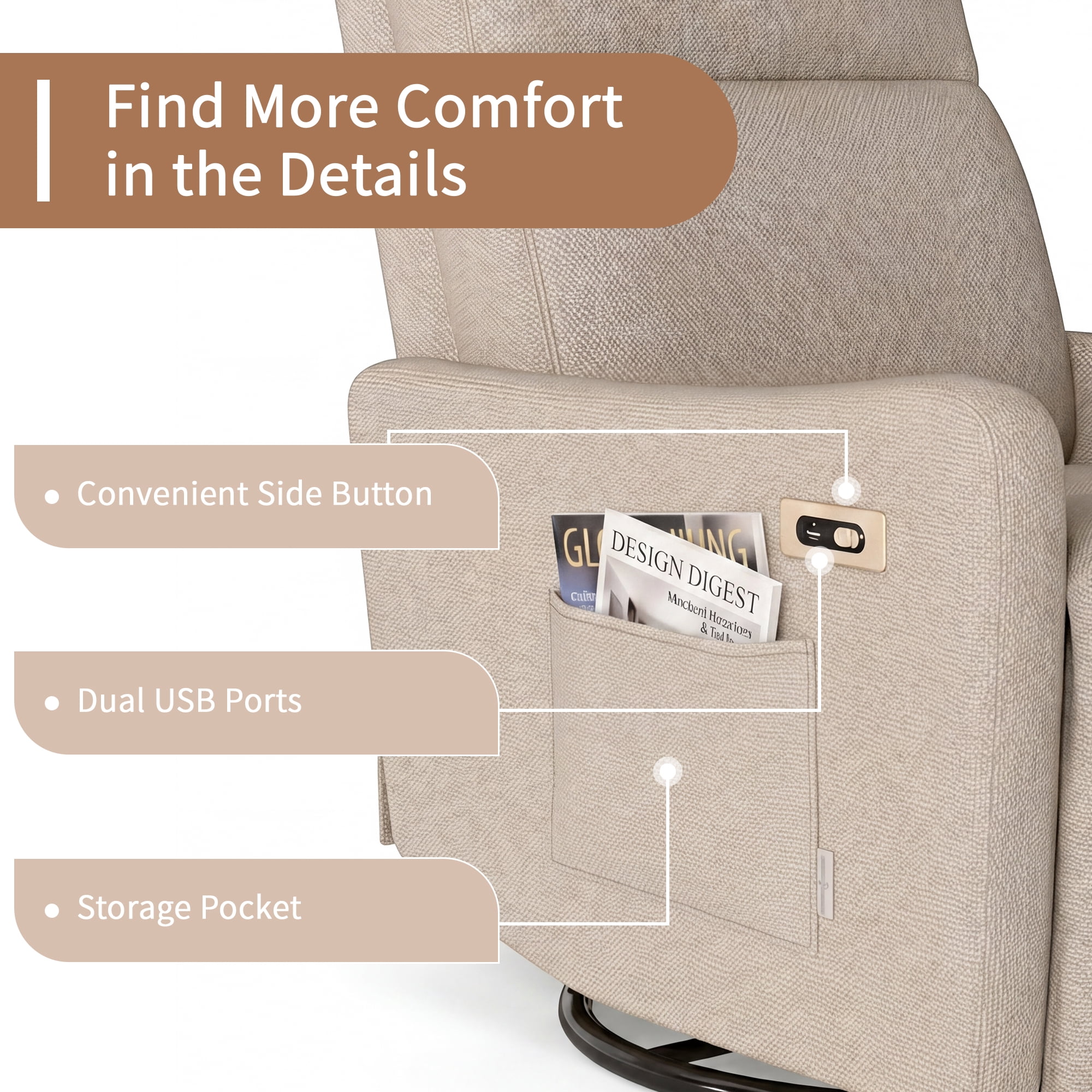 Leumius Swivel Recliner Chair,270° Swivel Rocker Chair for Adults,Small Rocking Recliner for Small Spaces, Upholstered Fabric Glider Recliner Nursery,Living Room Chair,Theater SeatingBrown