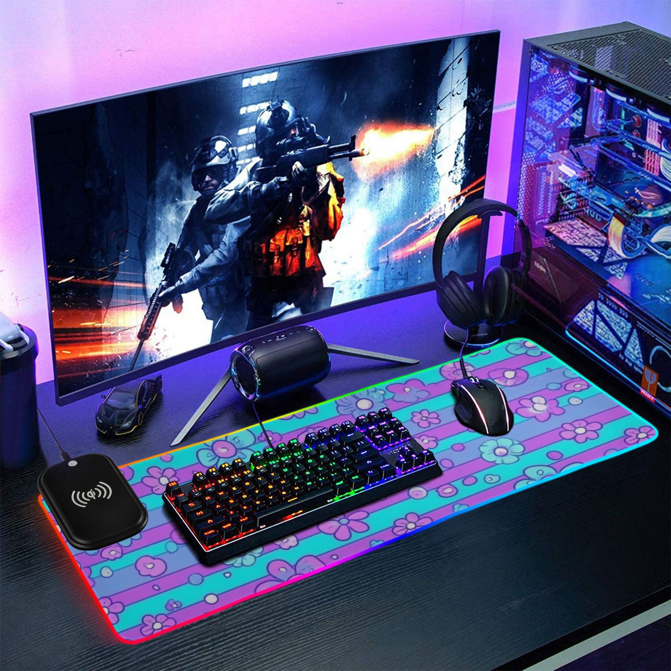 RGB Gaming Mouse Pad 15W Wireless Charging Large Waterproof Desk Mat 13 Light Modes Mousepad 31.5x11.8 Blue Pink Stripes with Flowers