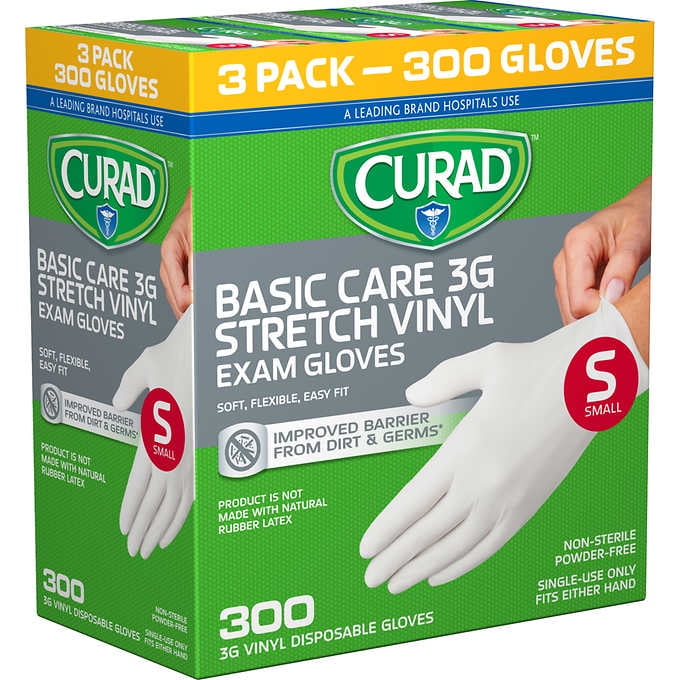 Curad Basic Care 3G Vinyl Exam Gloves, Small, 300 ct
