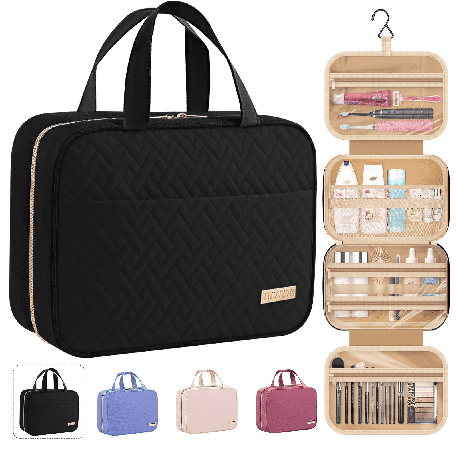 HOTOR Travel Toiletry Bag for Women & Men, Spacious Hanging Hook Makeup Bag for Travel Size Toiletries, Black