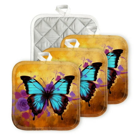 

BaHomeck Pot Holders 4pcs dacron Made Square heat-resisting mat Machine Washable for Kitchen Oven Hot Pads 6.7inch*6.7inch Beautiful Butterfly With Bright Blue Wings And Purple Roses