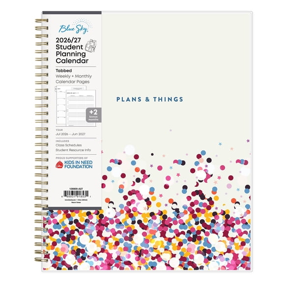 Blue Sky 2026-2027 Weekly and Monthly Academic Year Student Planner Calendar, July 2026 - June 2027, 8.5" x 11", Flexible Cover, Wirebound, Laminated Tabs, Storage Pocket, Star Confetti Bright