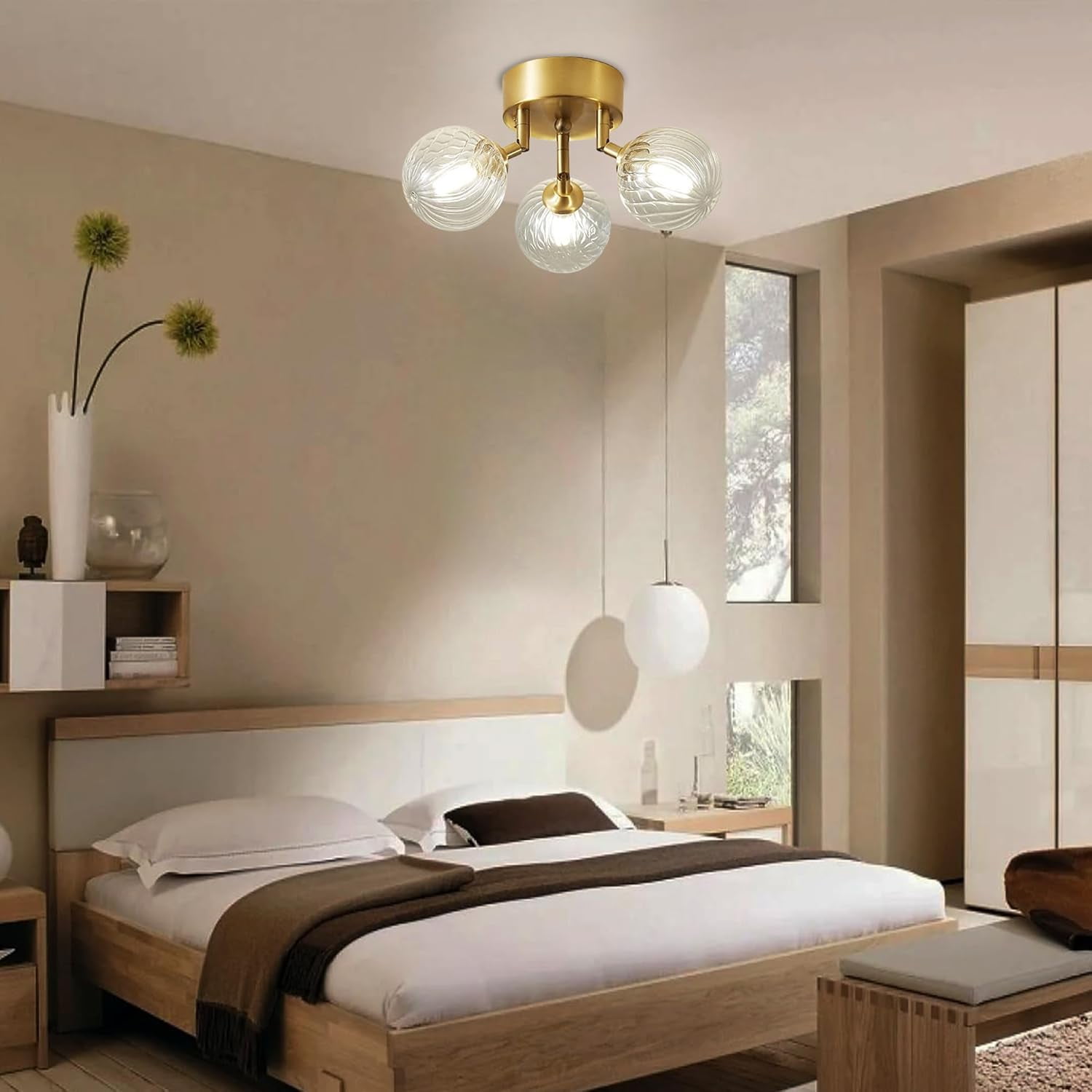 3-Light Globe Glass Close to Ceiling Light, Gold Hallway Flush Mount Light Fixture with Textured, Glass Lampshade for Bedroom Dinning Room (Bulb Incl.)