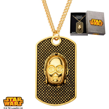 Disney Star Wars Men's Stainless Steel Gold IP 3D C-3PO Face Dog Tag Pendant, 18