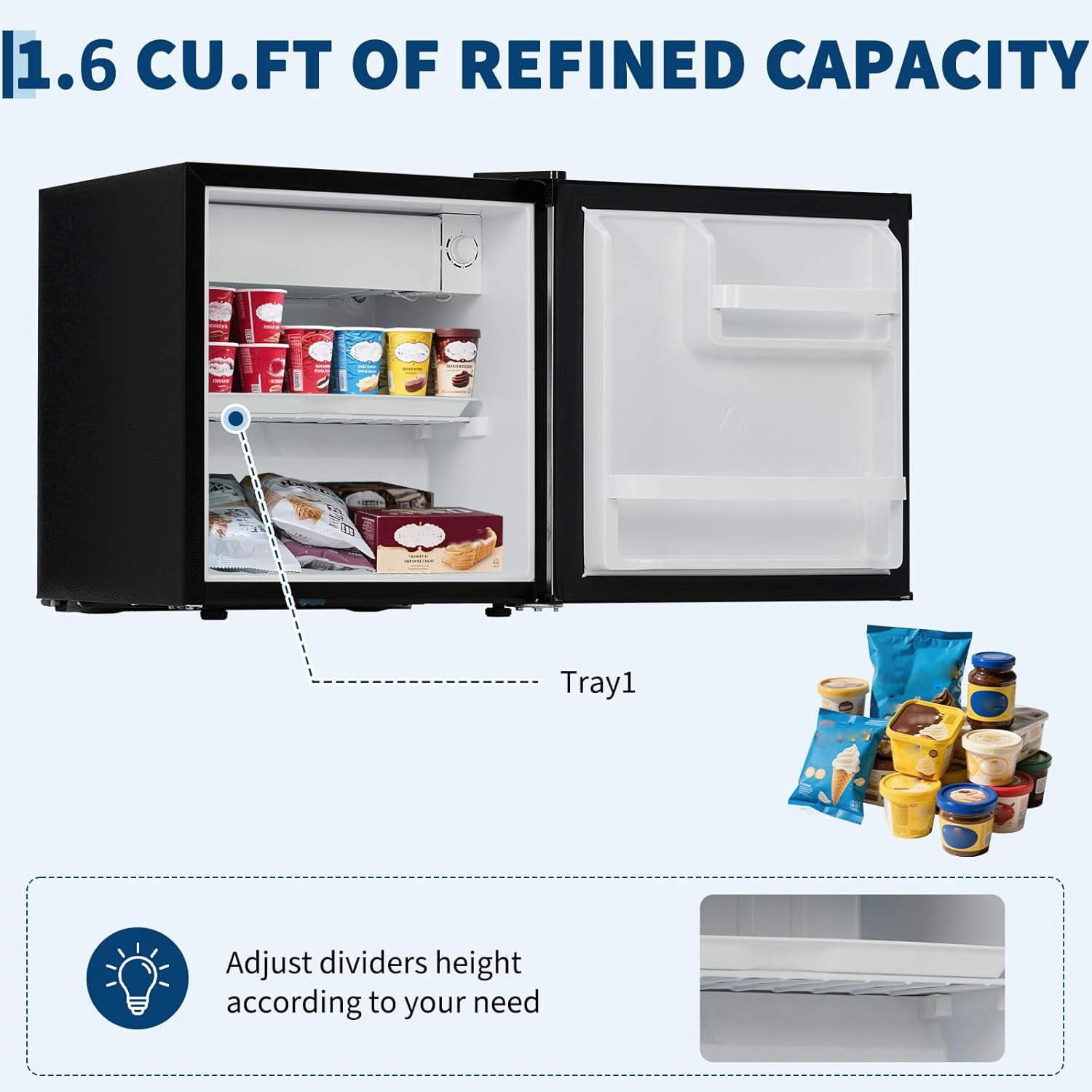 1.6 Cu.Ft Mini Fridge with Freezer, Compact Refrigerator with Single Stainless steel Door, Adjustable Thermostat, Mini Refrigerator for Kichten, Apartment, Bedroom, Office