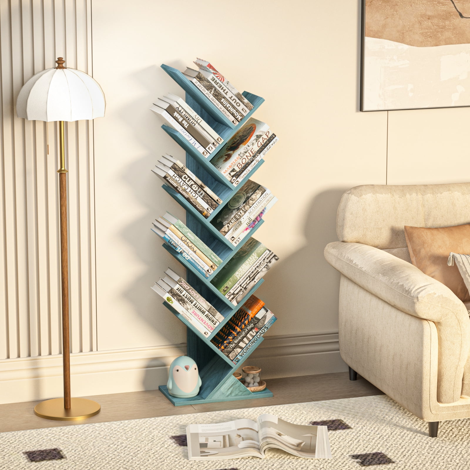Tree Bookshelf 10-Tier Floor Standing Tree Bookcase, Wood Bookcase, Desk Display Bookshelves for Office, Study, Blue