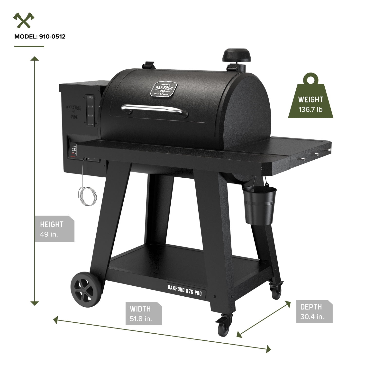 Oakford 875 Pro Pellet Gril with 824 SQ In Cooking Area, Cast Iron Grates, I-Site View Indicator, Heavy Duty Pellet Smoker Grill with Bluetooth Connectivity - 910-0512