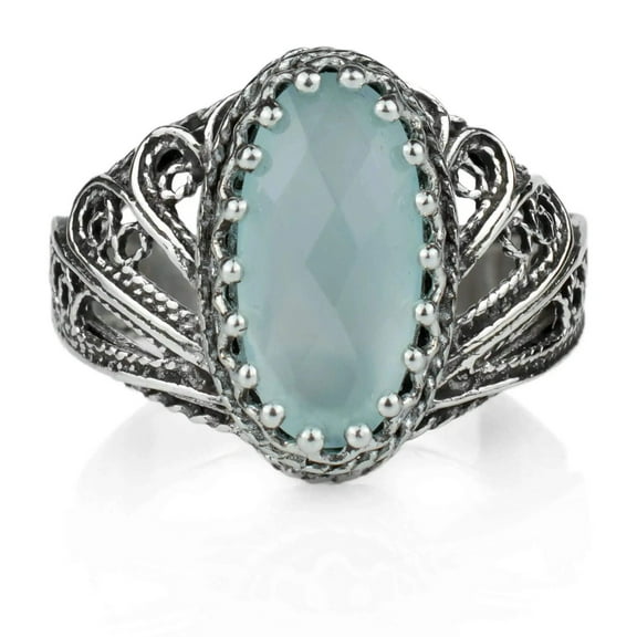 Filigree Art Aqua Chalcedony Gemstone Angel Design Women Silver Cocktail Ring