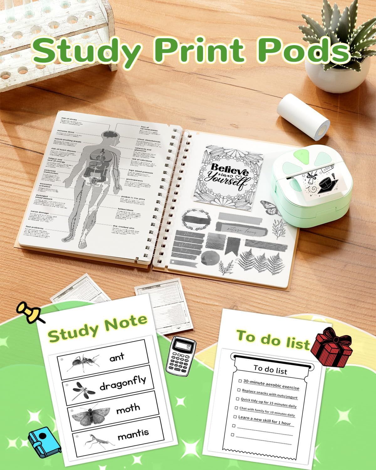 Sticker Printer, Print Pods Mini Printer, Bluetooth Thermal Sticker Maker Machine with 3 Rolls Paper, Print Pod Mini Printers for iPhone